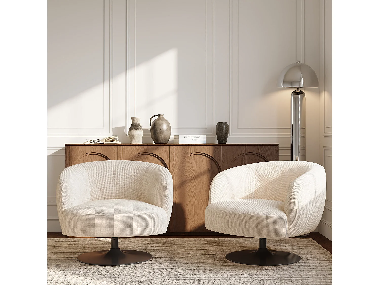 Fauteuil de salon pivotant OSKA en velours chenillé crème
