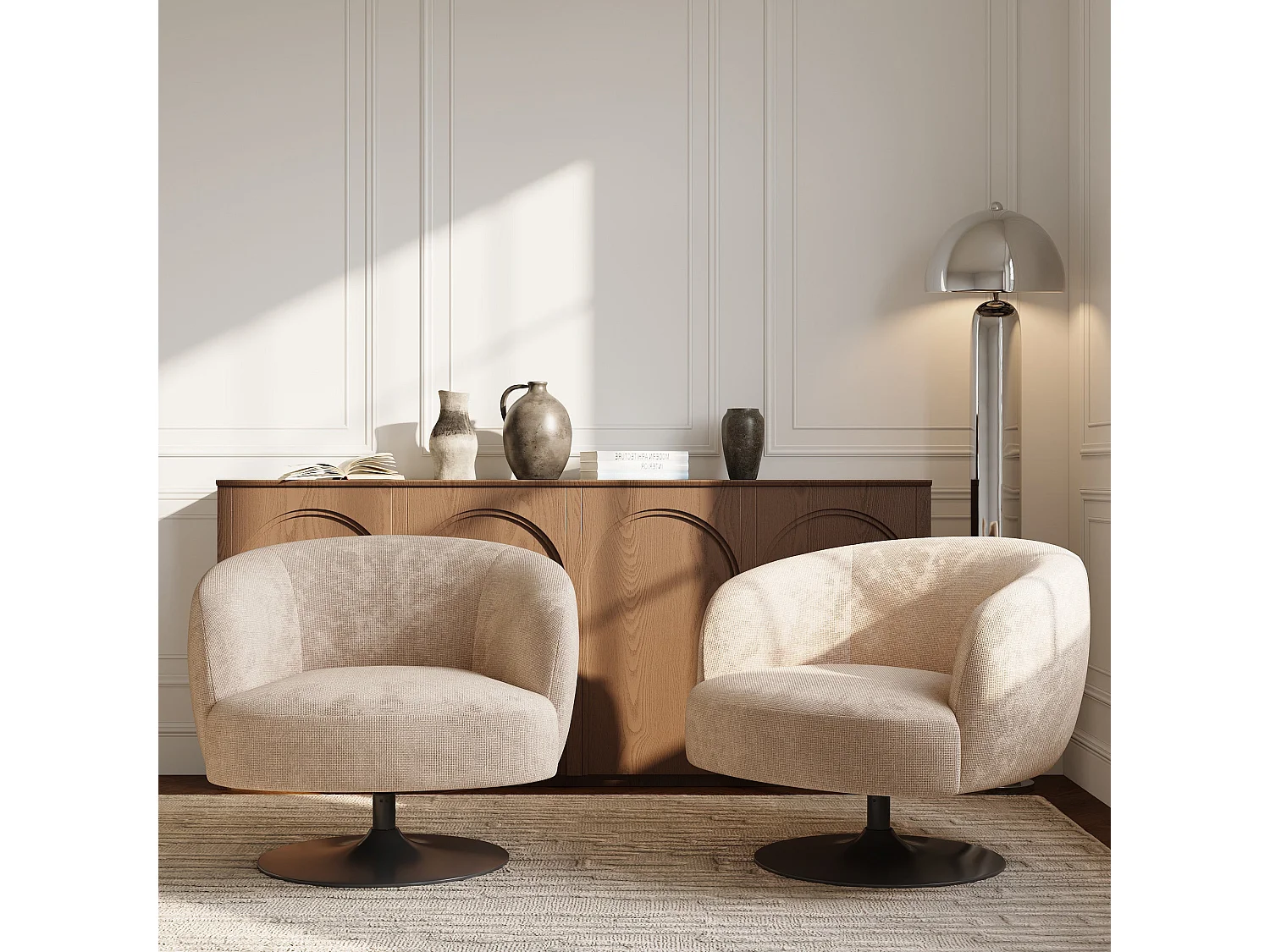 Fauteuil de salon pivotant OSKA en velours chenillé beige foncé