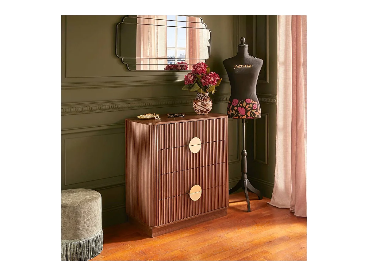 Commode de 4 tiroirs coloris noyer - Longueur 62,5 x Profondeur 29 x Hauteur 11,2 cm