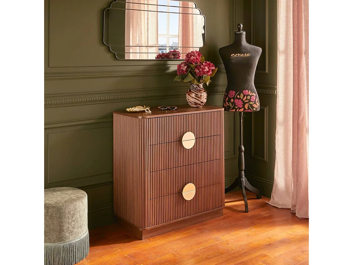 Commode de 4 tiroirs coloris noyer - Longueur 62,5 x Profondeur 29 x Hauteur 11,2 cm