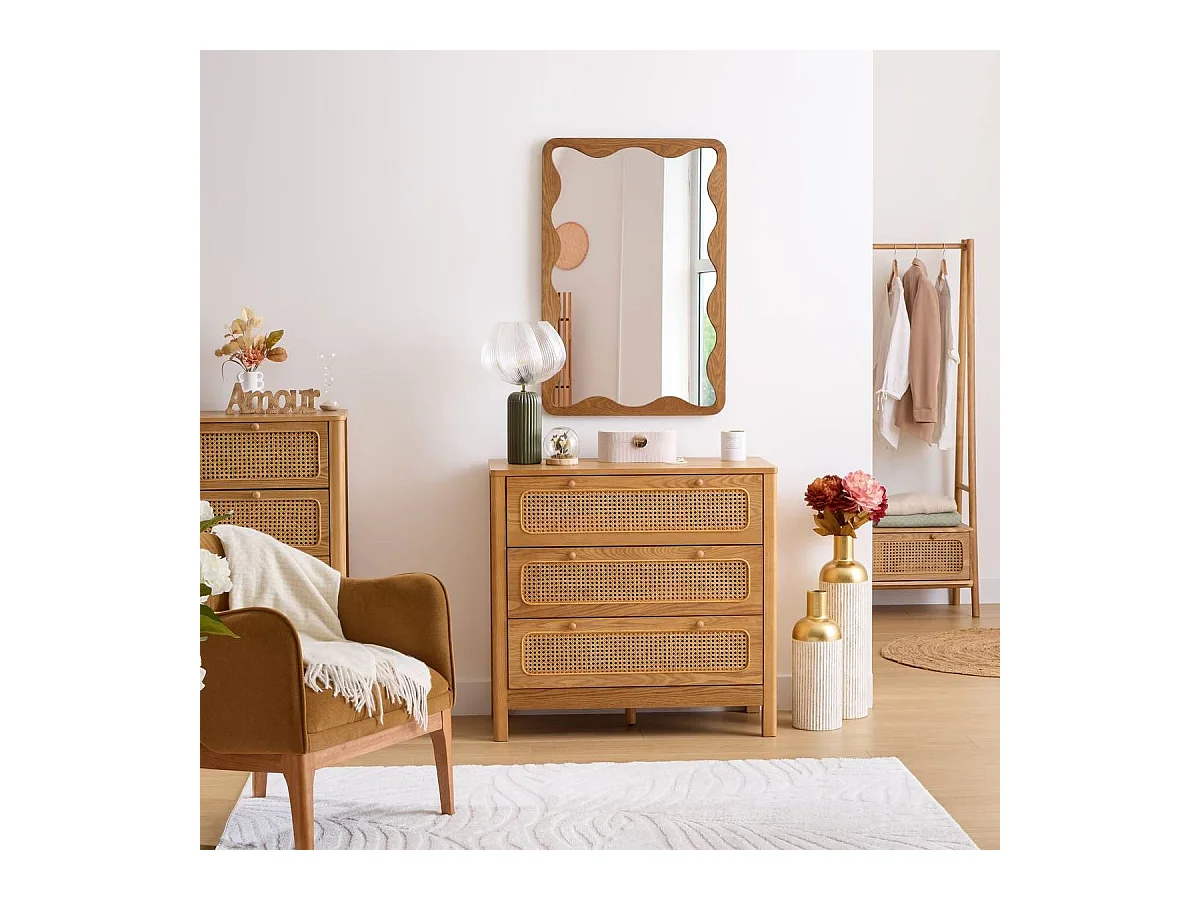 Commode meuble de rangement de 3 tiroirs en rotin - Longueur 90 x Profondeur 45 x Hauteur 85 cm