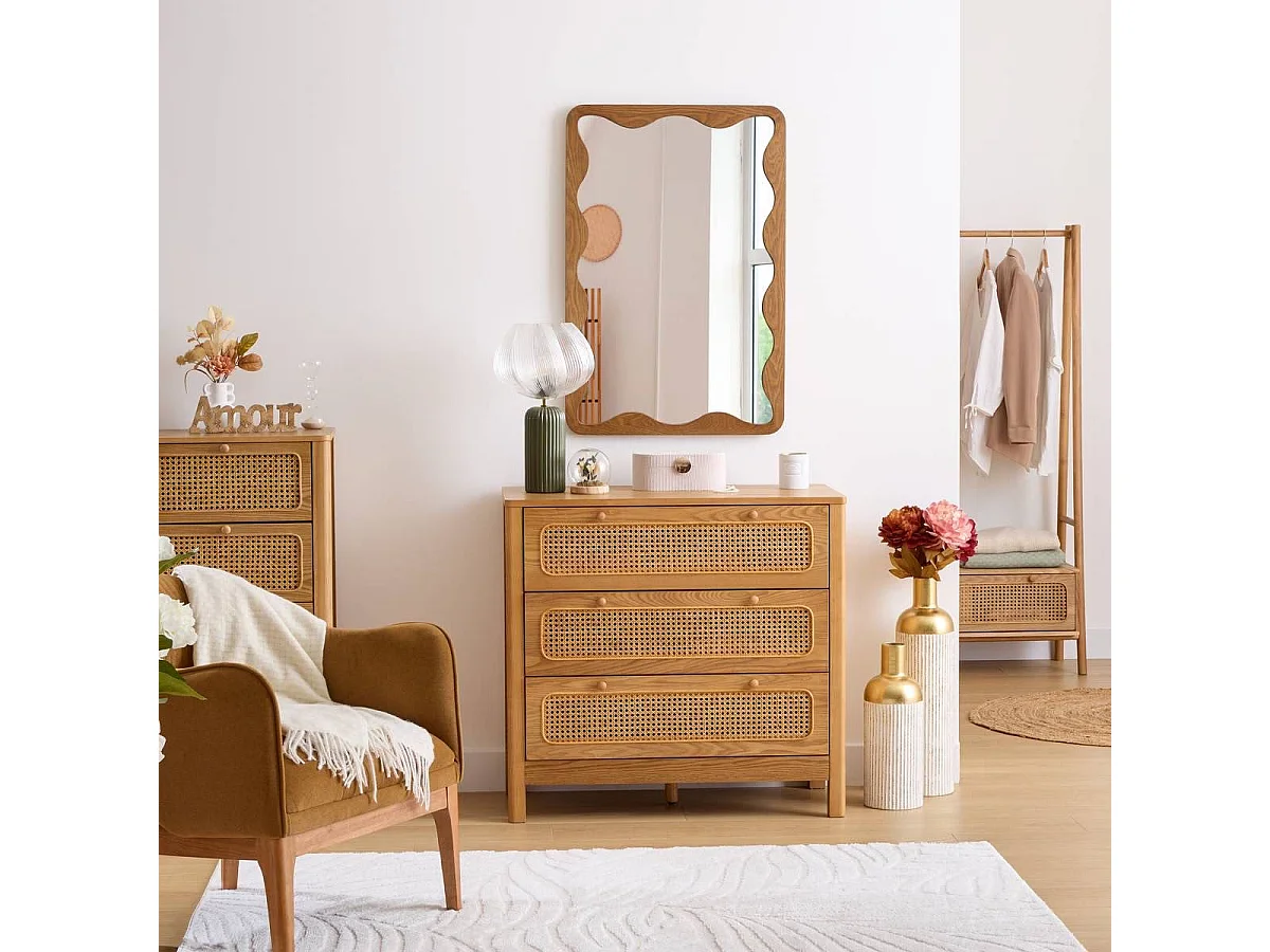 Commode meuble de rangement de 3 tiroirs en rotin - Longueur 90 x Profondeur 45 x Hauteur 85 cm