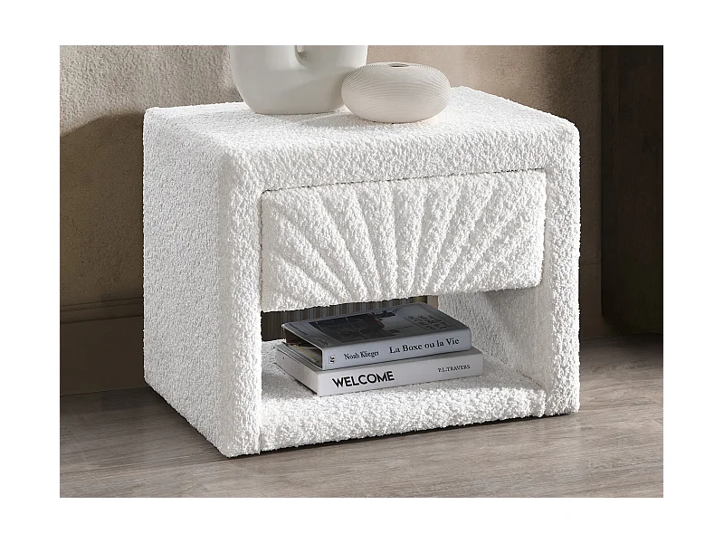 Lot de 2 tables de chevet - 1 tiroir et 1 niche - Tissu bouclette - Blanc - ULAMI