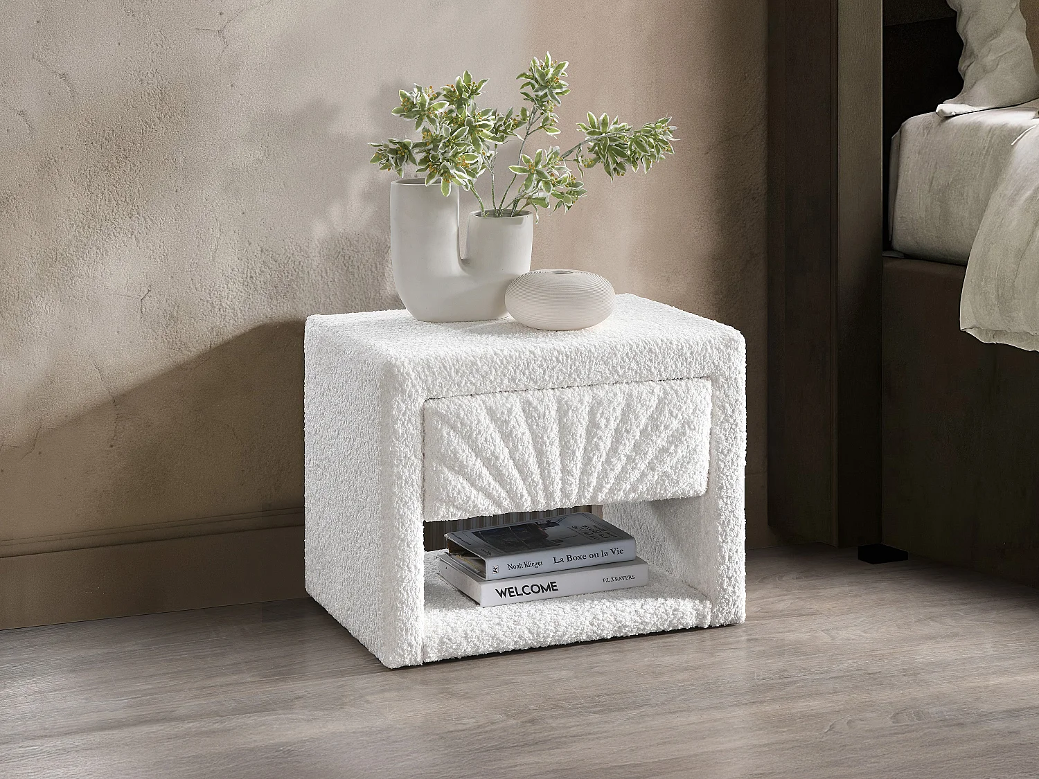 Lot de 2 tables de chevet - 1 tiroir et 1 niche - Tissu bouclette - Blanc - ULAMI