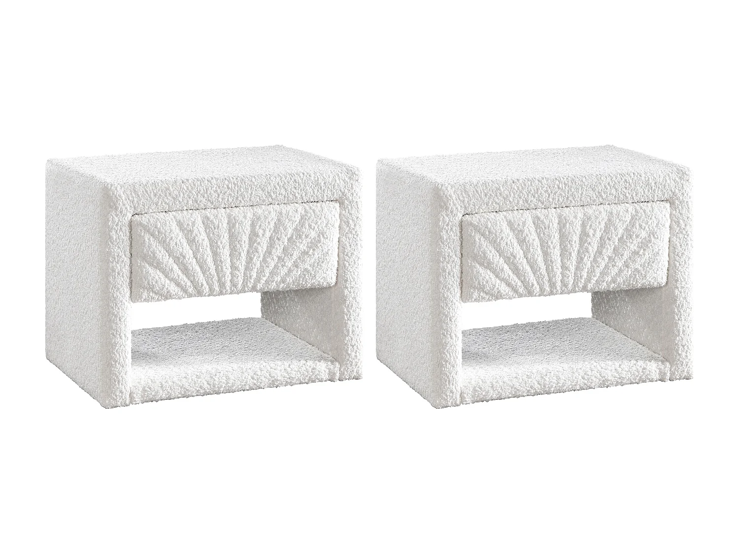 Table De Chevet ULAMI – Lot De 2 Avec Tiroir Et Niche – Tissu Bouclette Blanc – Déjà Montée, Prête à Poser !