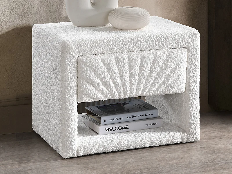 Lot de 2 tables de chevet - 1 tiroir et 1 niche - Tissu bouclette - Blanc - ULAMI