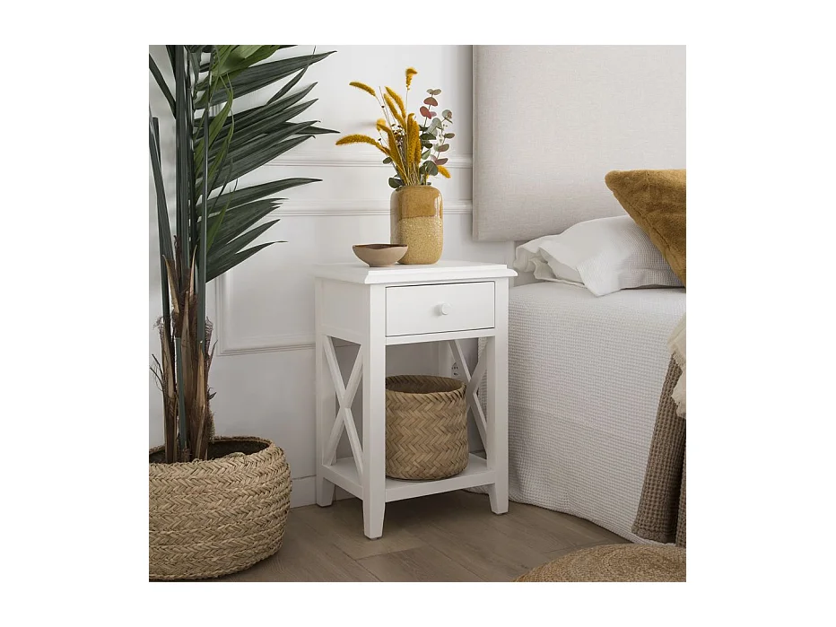 Table de chevet en bois massif blanc 43x63