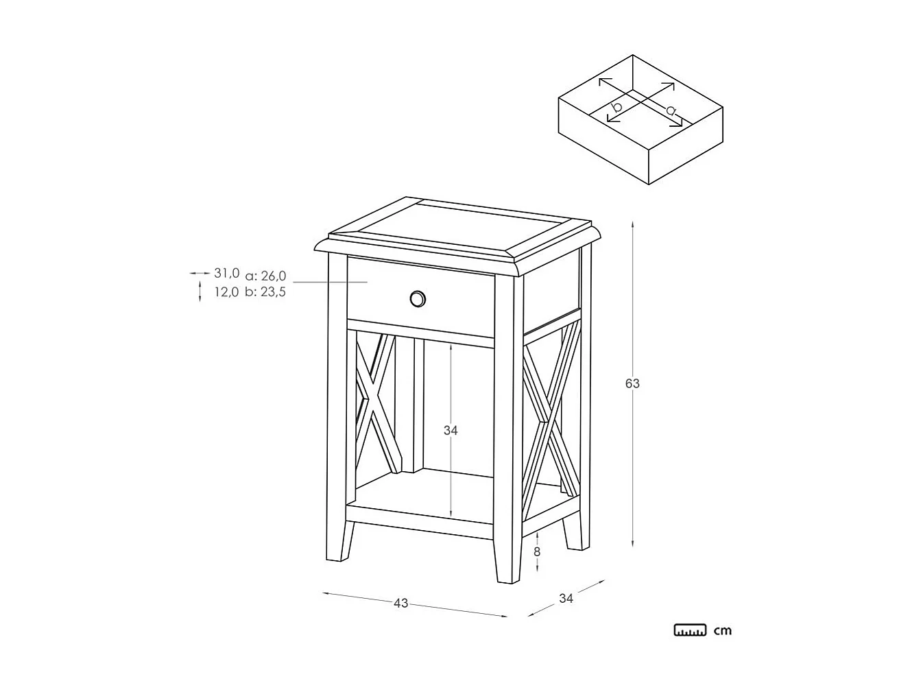 Table de chevet en bois massif blanc 43x63