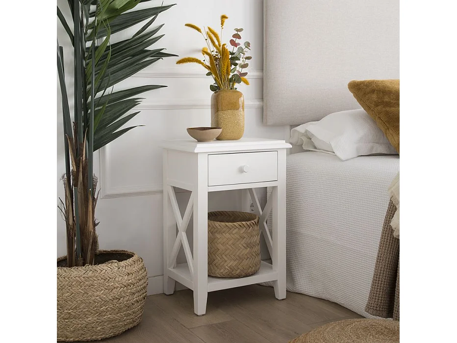 Table de chevet en bois massif blanc 43x63