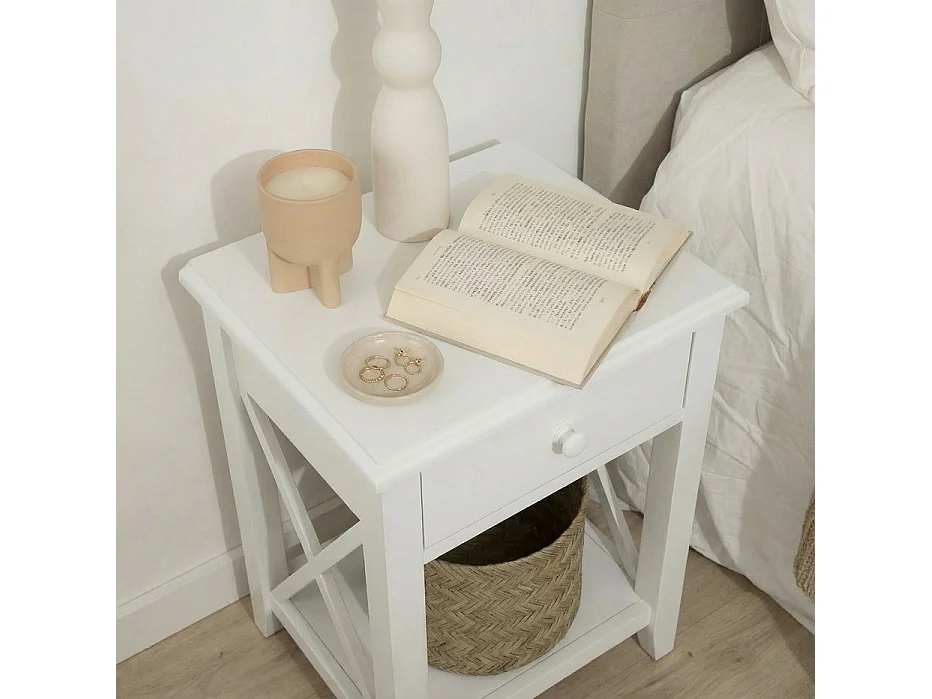Table de chevet en bois massif blanc 43x63