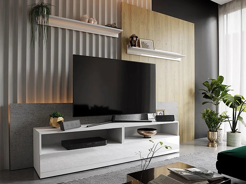 Meuble TV Hoover 107, Blanc|Blanc brillant, 172x40x38cm