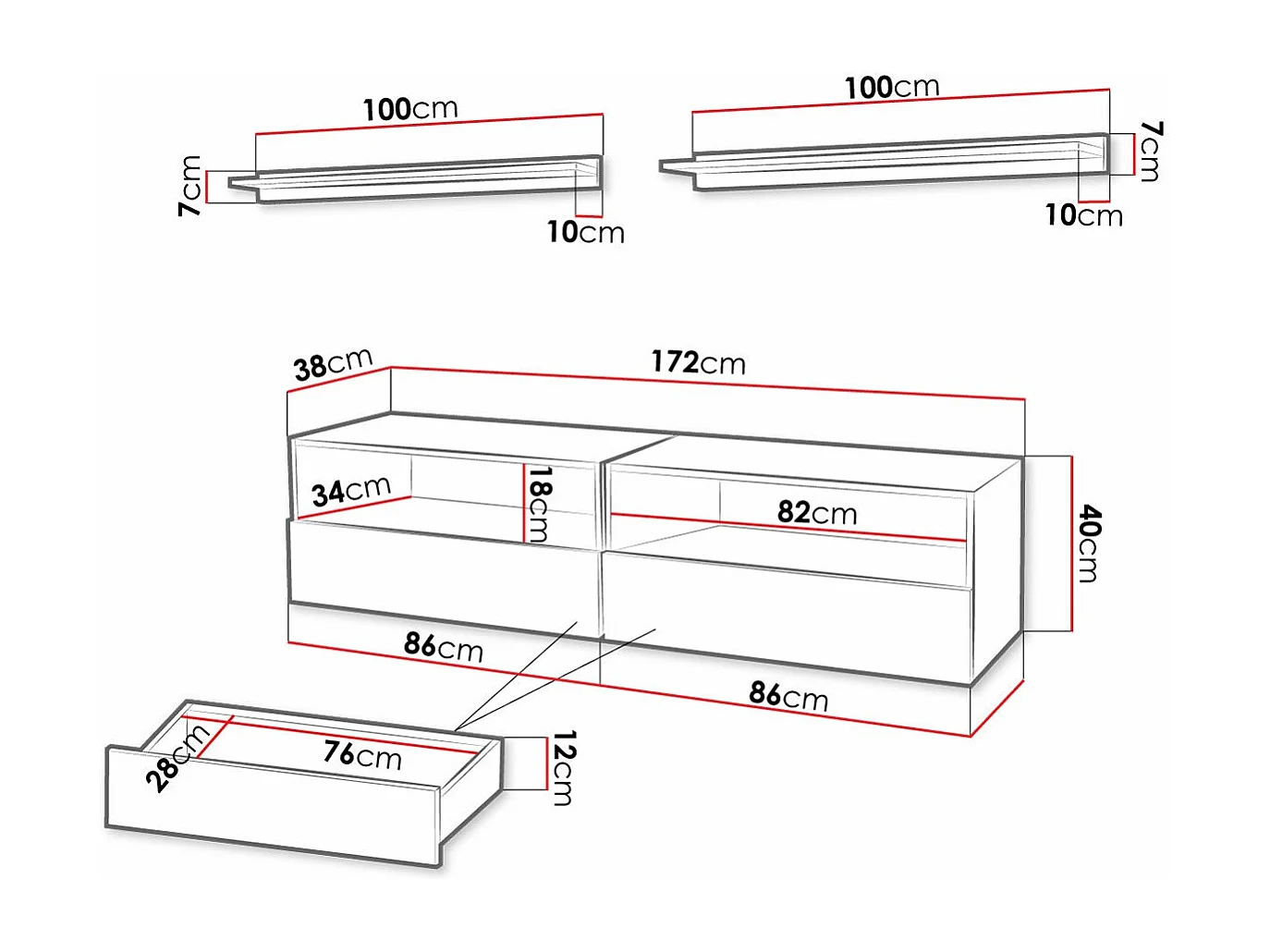 Mobile porta TV Hoover 107, Bianco lucido|Bianco, 172x40x38cm