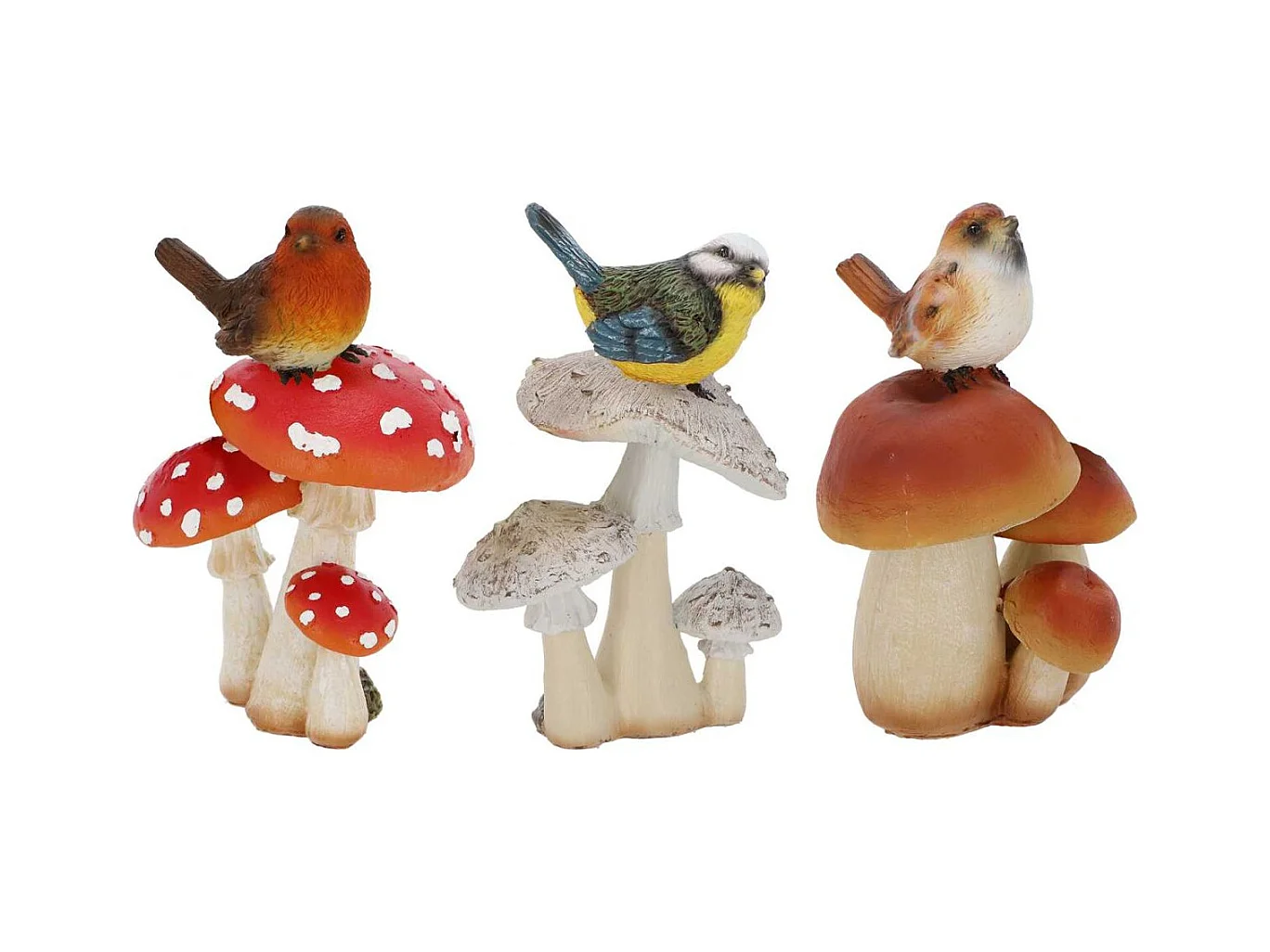Champignons assortis avec oiseau en polyrésine (Lot de 3) Taille S