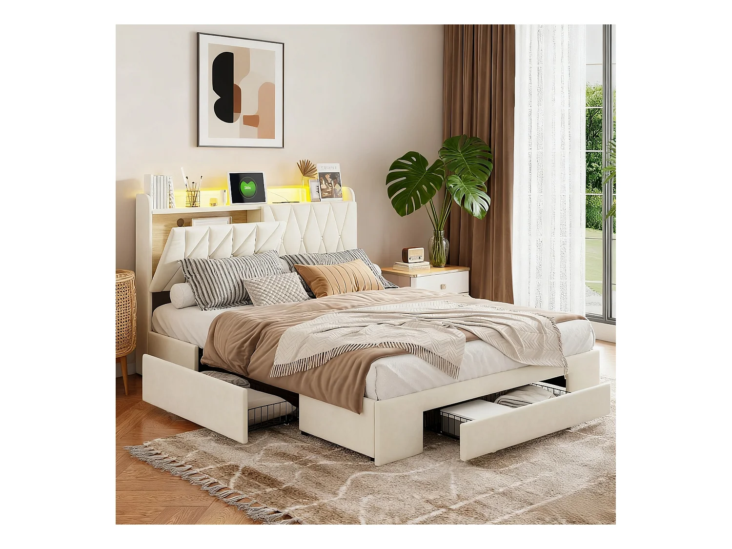 Lit adulte 160x200 cm - NEXU - lit double 160x200 cm avec sommier à lattes - LED - USB - tissu en velours - cadre de lit tiroir 160x200 cm - beige