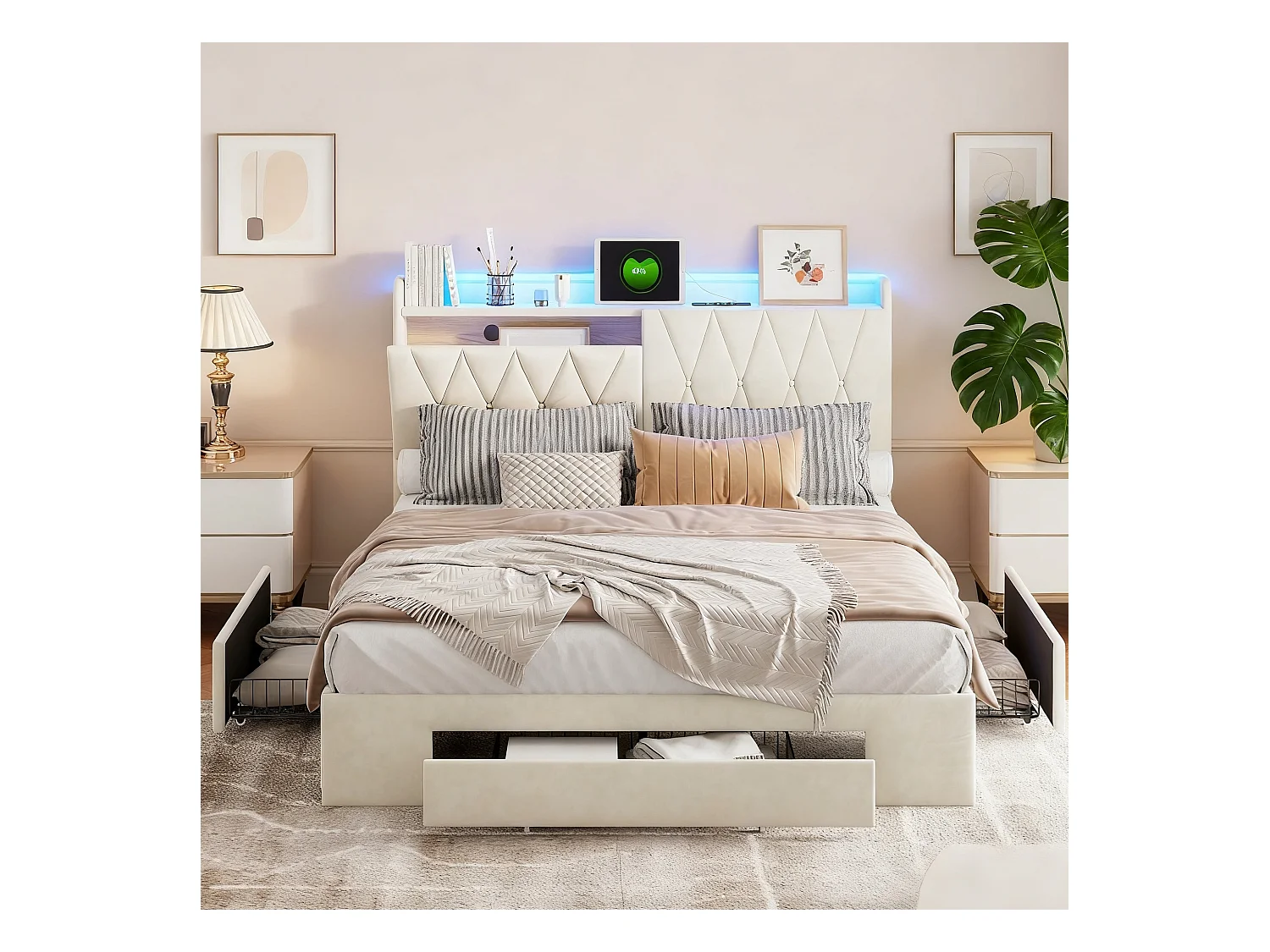 Lit adulte 160x200 cm - NEXU - lit double 160x200 cm avec sommier à lattes - LED - USB - tissu en velours - cadre de lit tiroir 160x200 cm - beige