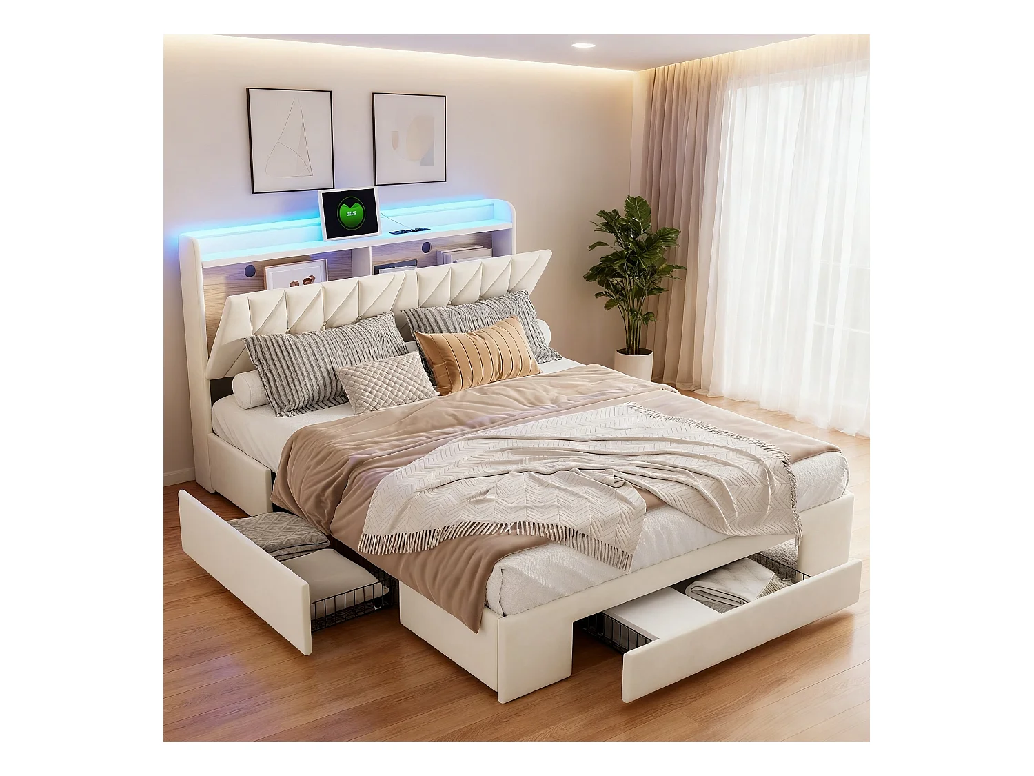 Lit adulte 160x200 cm - NEXU - lit double 160x200 cm avec sommier à lattes - LED - USB - tissu en velours - cadre de lit tiroir 160x200 cm - beige