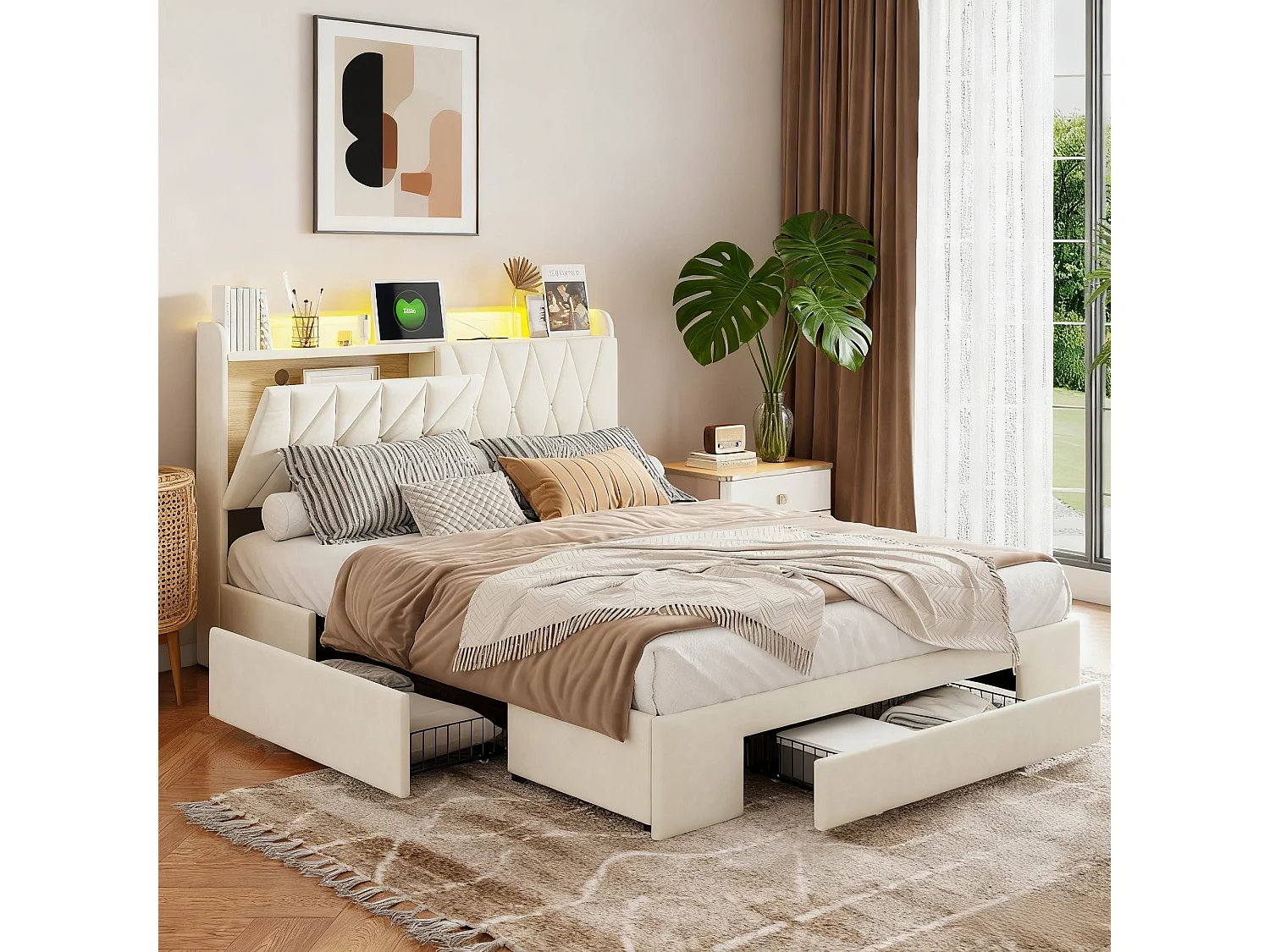 Lit adulte 160x200 cm - NEXU - lit double 160x200 cm avec sommier à lattes - LED - USB - tissu en velours - cadre de lit tiroir 160x200 cm - beige