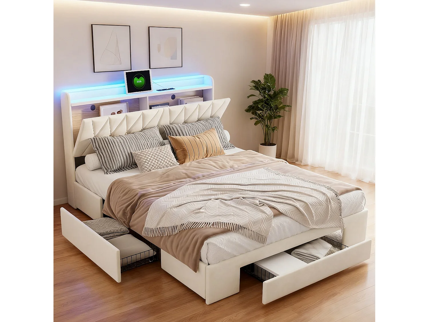 Lit adulte 160x200 cm - NEXU - lit double 160x200 cm avec sommier à lattes - LED - USB - tissu en velours - cadre de lit tiroir 160x200 cm - beige