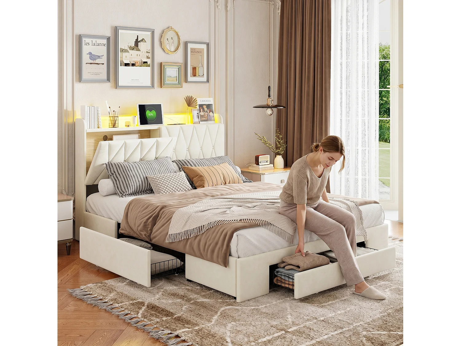 Lit Double 160x200 cm avec 3 Tiroirs de Rangement - Velours Beige - Tête de Lit avec Rangement et LED  - USB + Type-C + 2 Prises EU - Sommier à Lattes