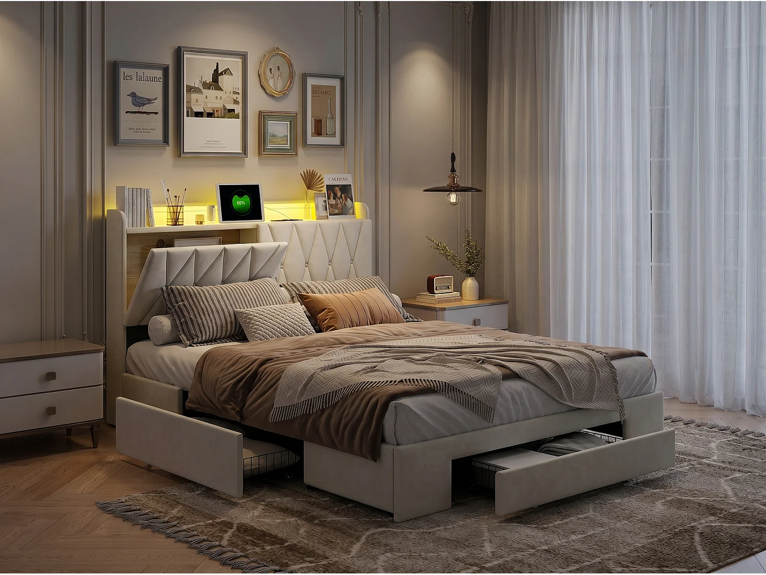 Lit Double 160x200 cm avec 3 Tiroirs de Rangement - Velours Beige - Tête de Lit avec Rangement et LED  - USB + Type-C + 2 Prises EU - Sommier à Lattes