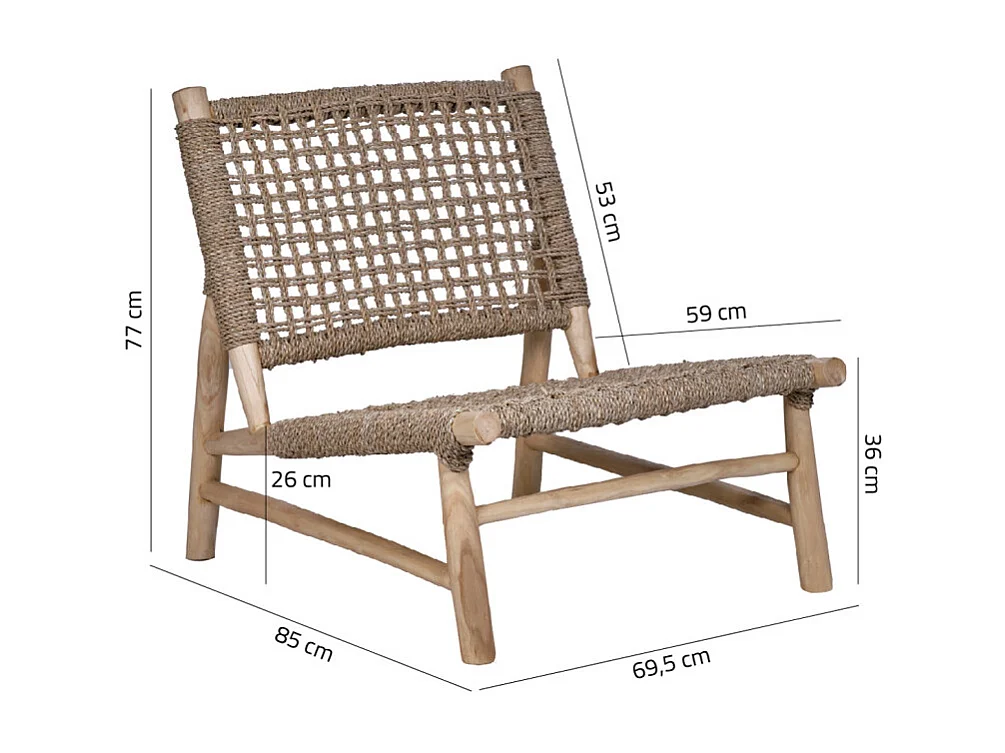 Fauteuil bas lounge incliné en bois de teck et herbes marines - TALA