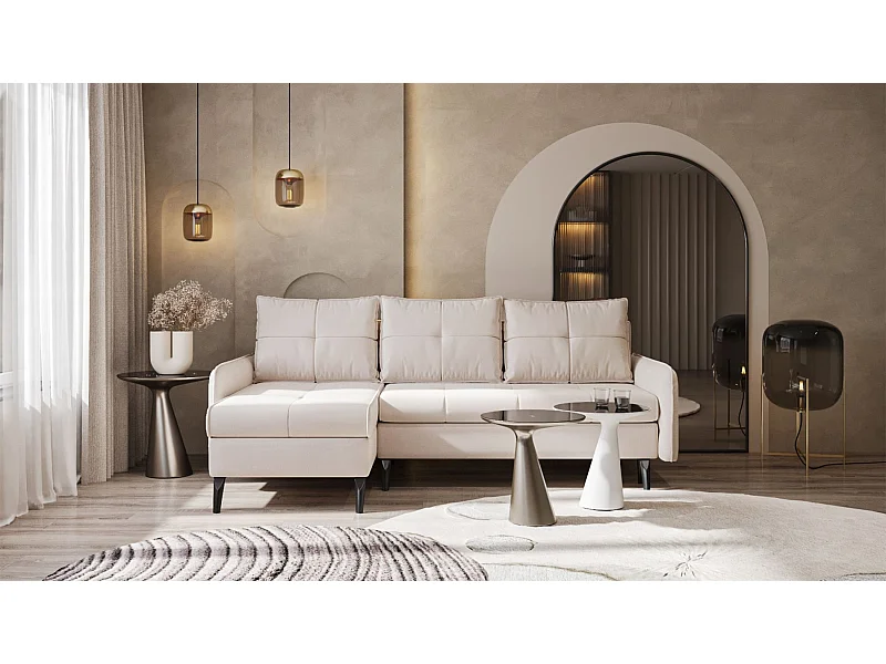 Hoekbedbank met veloursbekleding – slaapfunctie en 2 opbergruimtes – grijsbeige – omkeerbaar – COLLIN