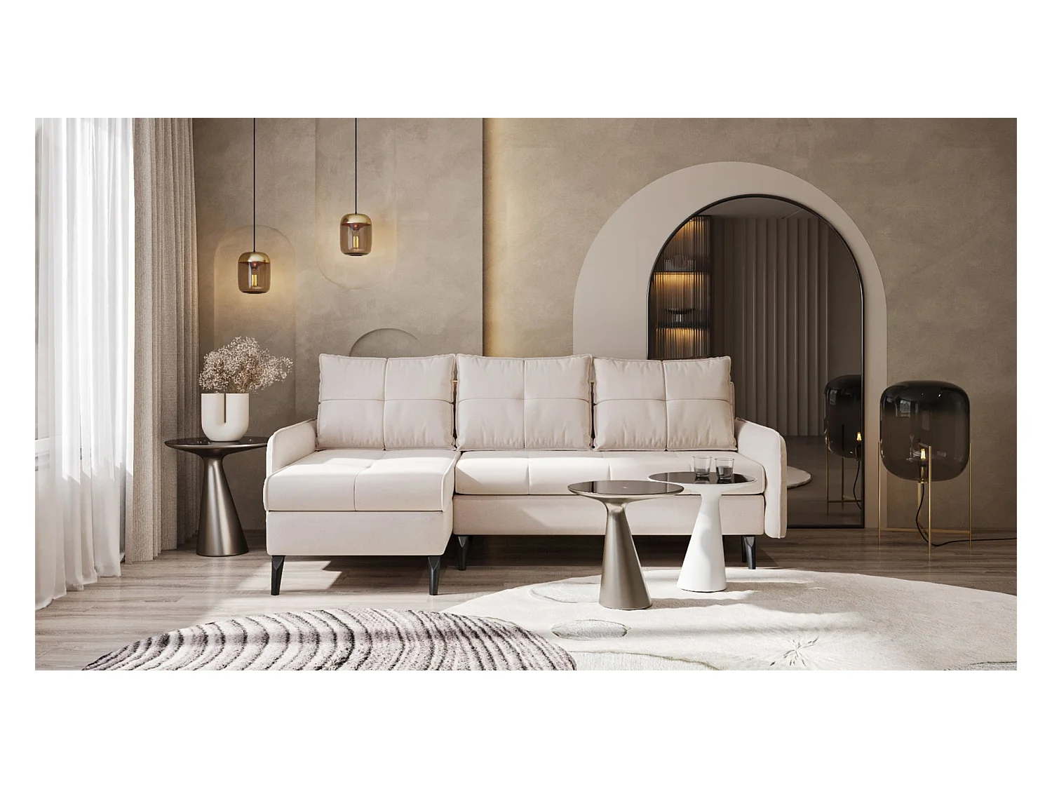 Canapé d’angle en velours – convertible avec 2 coffres – beige-gris – réversible – COLLIN