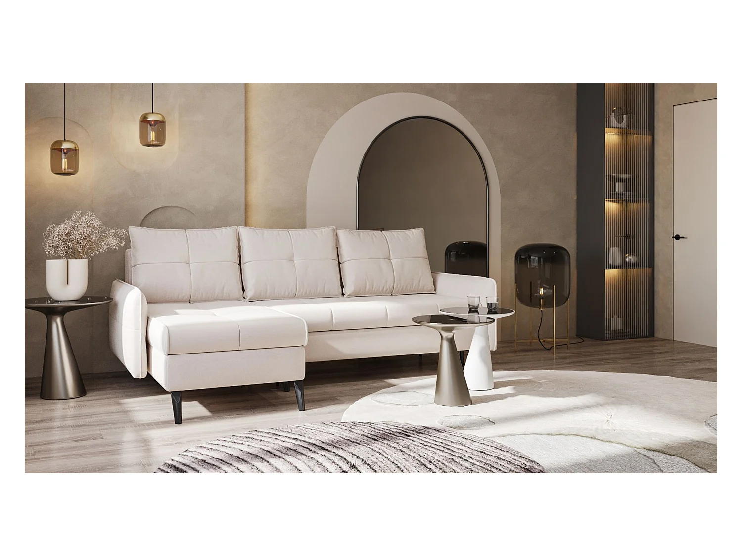 Canapé d’angle en velours – convertible avec 2 coffres – beige-gris – réversible – COLLIN