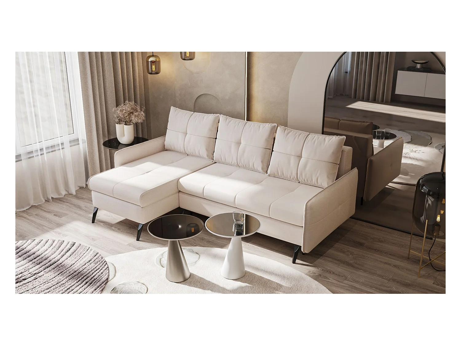 Canapé d’angle en velours – convertible avec 2 coffres – beige-gris – réversible – COLLIN