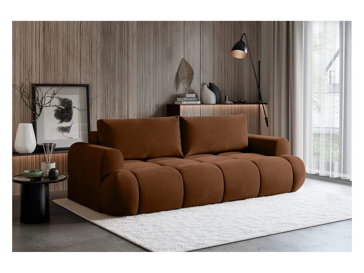 Canapé convertible 3 places – coffre de rangement – tissu velours hydrophobe – Cuivre – OMBO DOCE