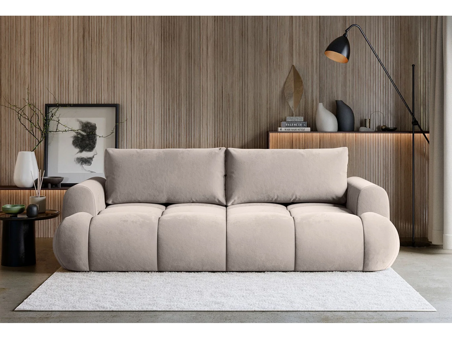 Canapé convertible 3 places – coffre de rangement – tissu velours hydrophobe – Greige – OMBO DOCE