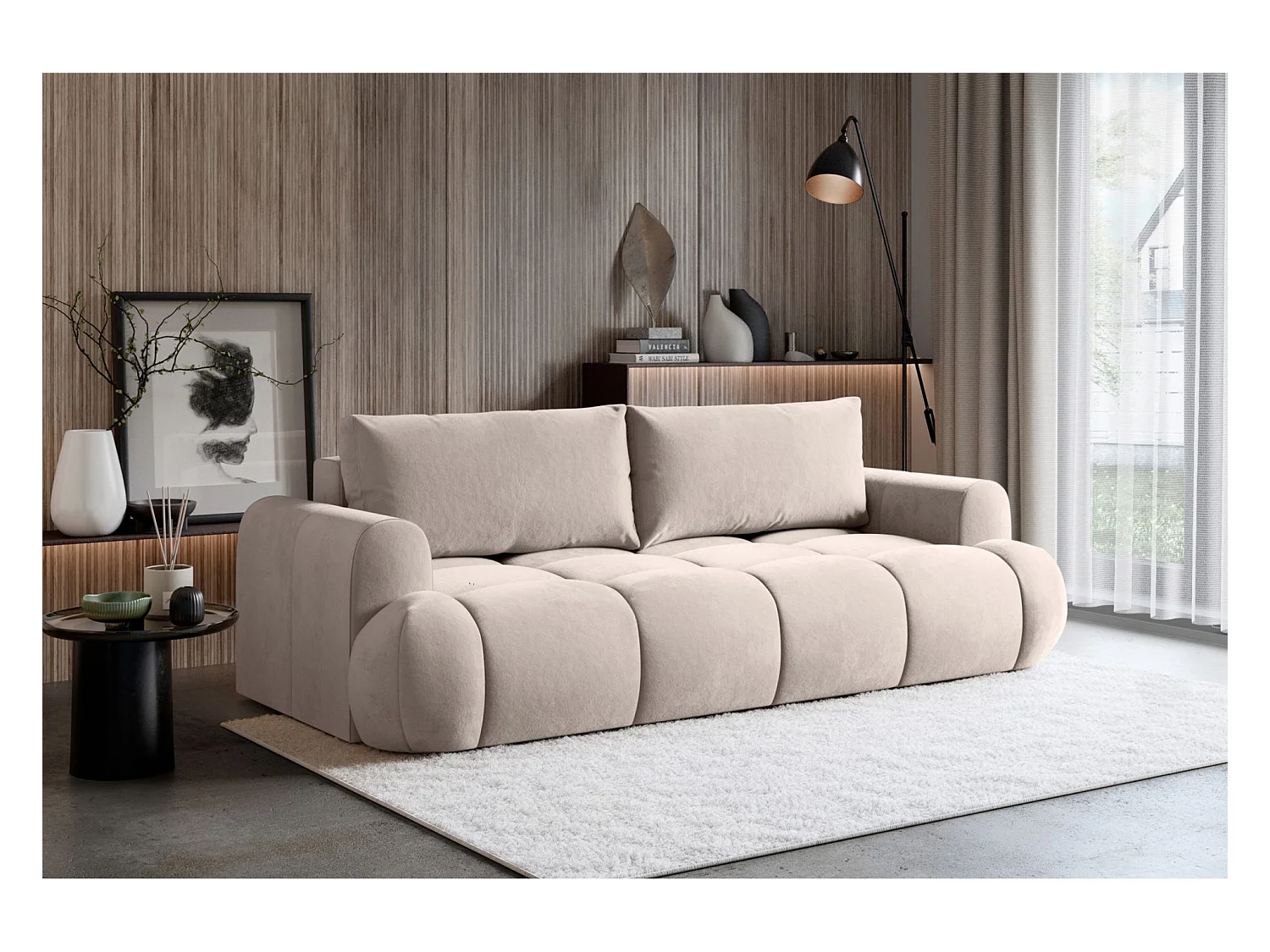 Canapé convertible 3 places – coffre de rangement – tissu velours hydrophobe – Greige – OMBO DOCE