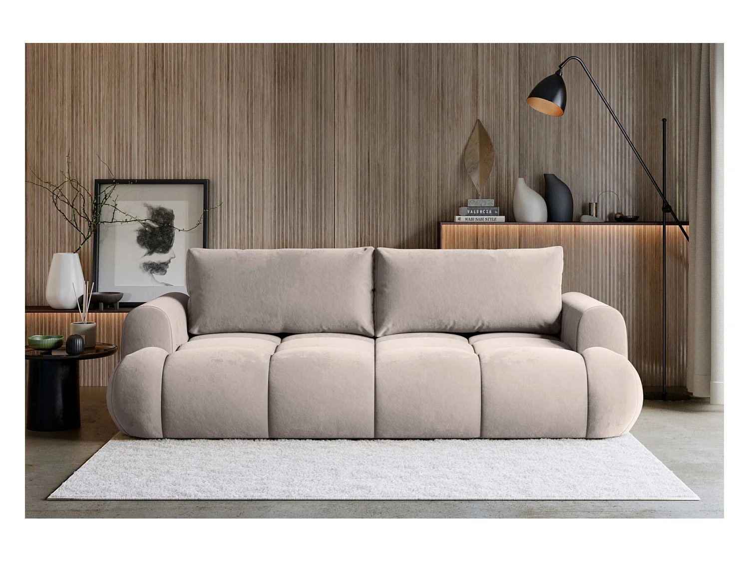 3-Sitzer Schlafsofa – Stauraum – hydrophober Samtbezug – Greige – OMBO DOCE