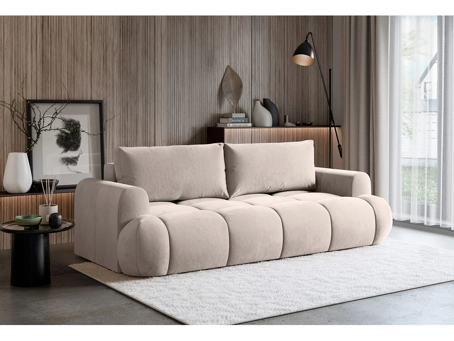 3-Sitzer Schlafsofa – Stauraum – hydrophober Samtbezug – Greige – OMBO DOCE
