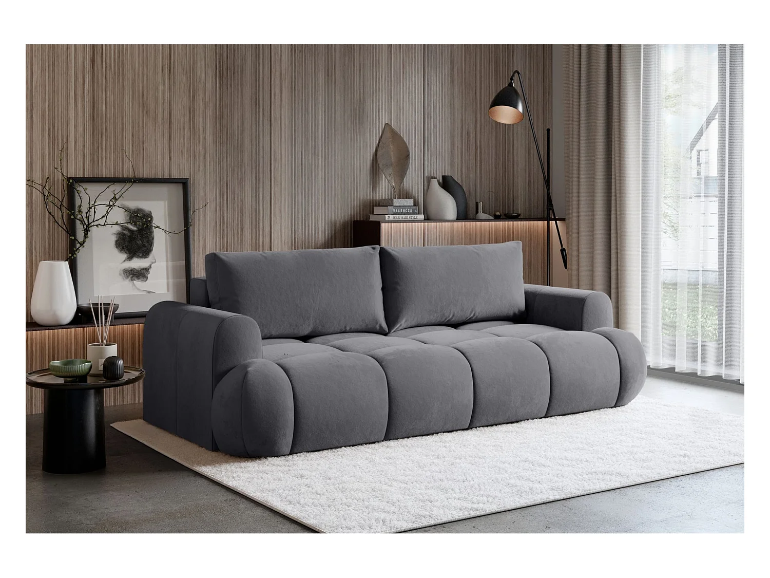 Canapé convertible 3 places – coffre de rangement – tissu velours hydrophobe – Gris – OMBO DOCE