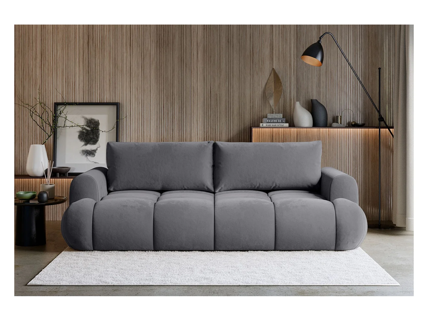 3-Sitzer Schlafsofa – Stauraum – hydrophober Samtbezug – Grau – OMBO DOCE