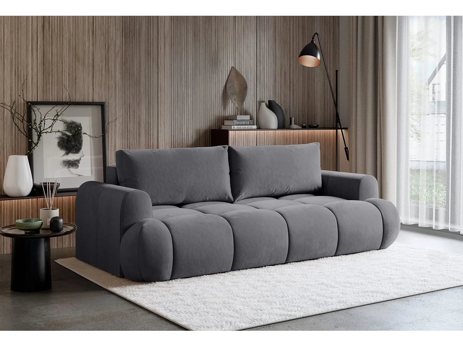 3-Sitzer Schlafsofa – Stauraum – hydrophober Samtbezug – Grau – OMBO DOCE
