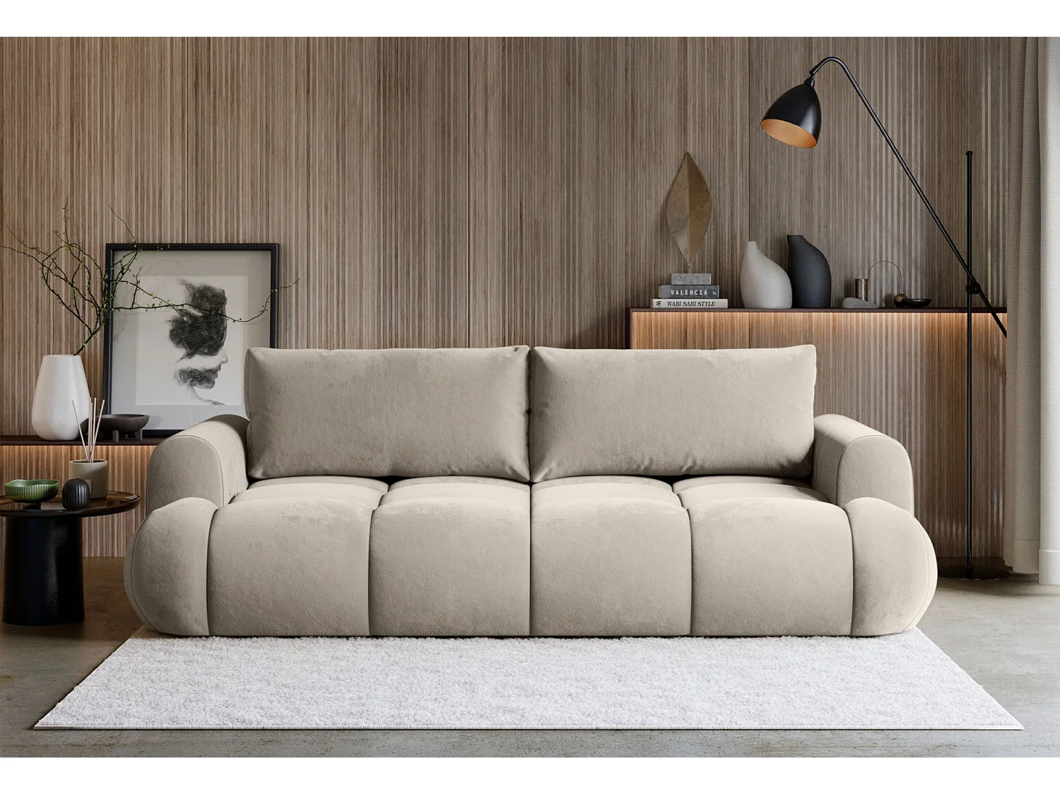 Canapé convertible 3 places – coffre de rangement – tissu velours hydrophobe – Beige – OMBO DOCE