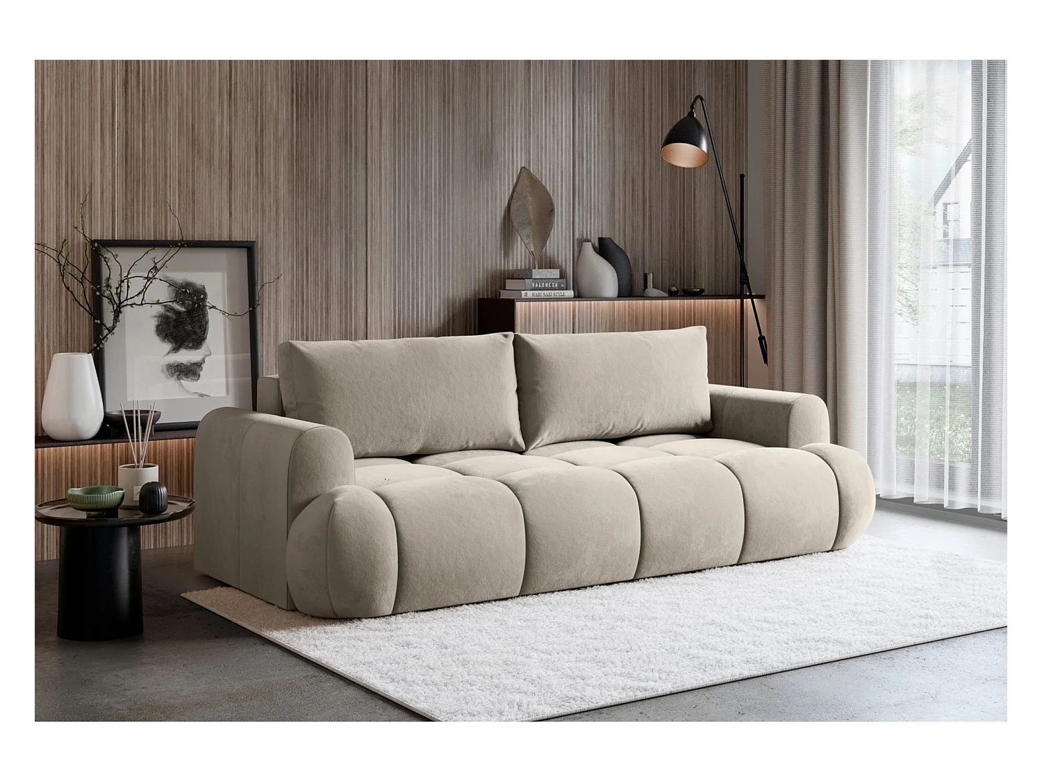 Canapé convertible 3 places – coffre de rangement – tissu velours hydrophobe – Beige – OMBO DOCE