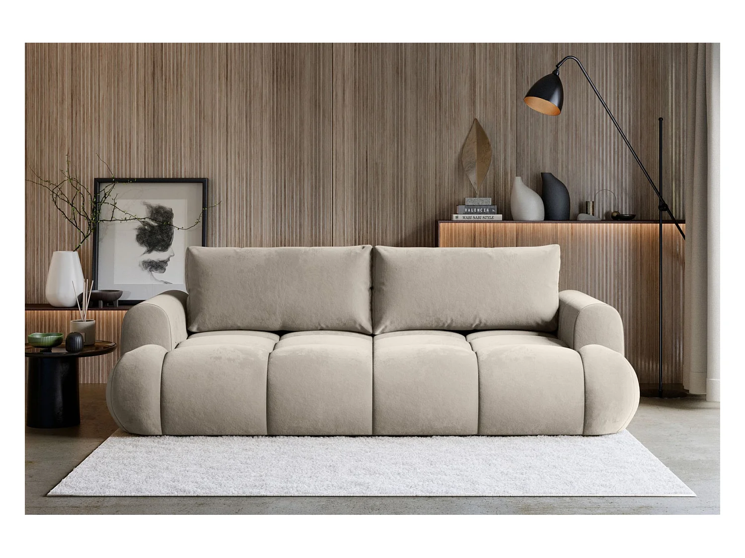 3-Sitzer Schlafsofa – Stauraum – hydrophober Samtbezug – Beige – OMBO DOCE