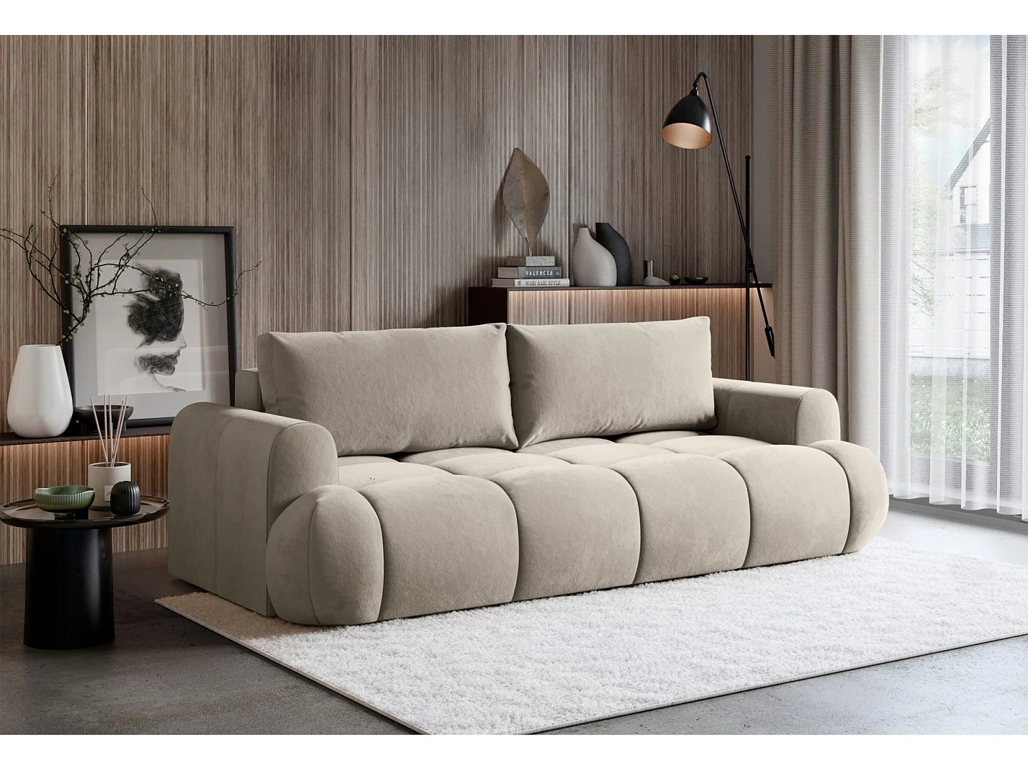 3-Sitzer Schlafsofa – Stauraum – hydrophober Samtbezug – Beige – OMBO DOCE