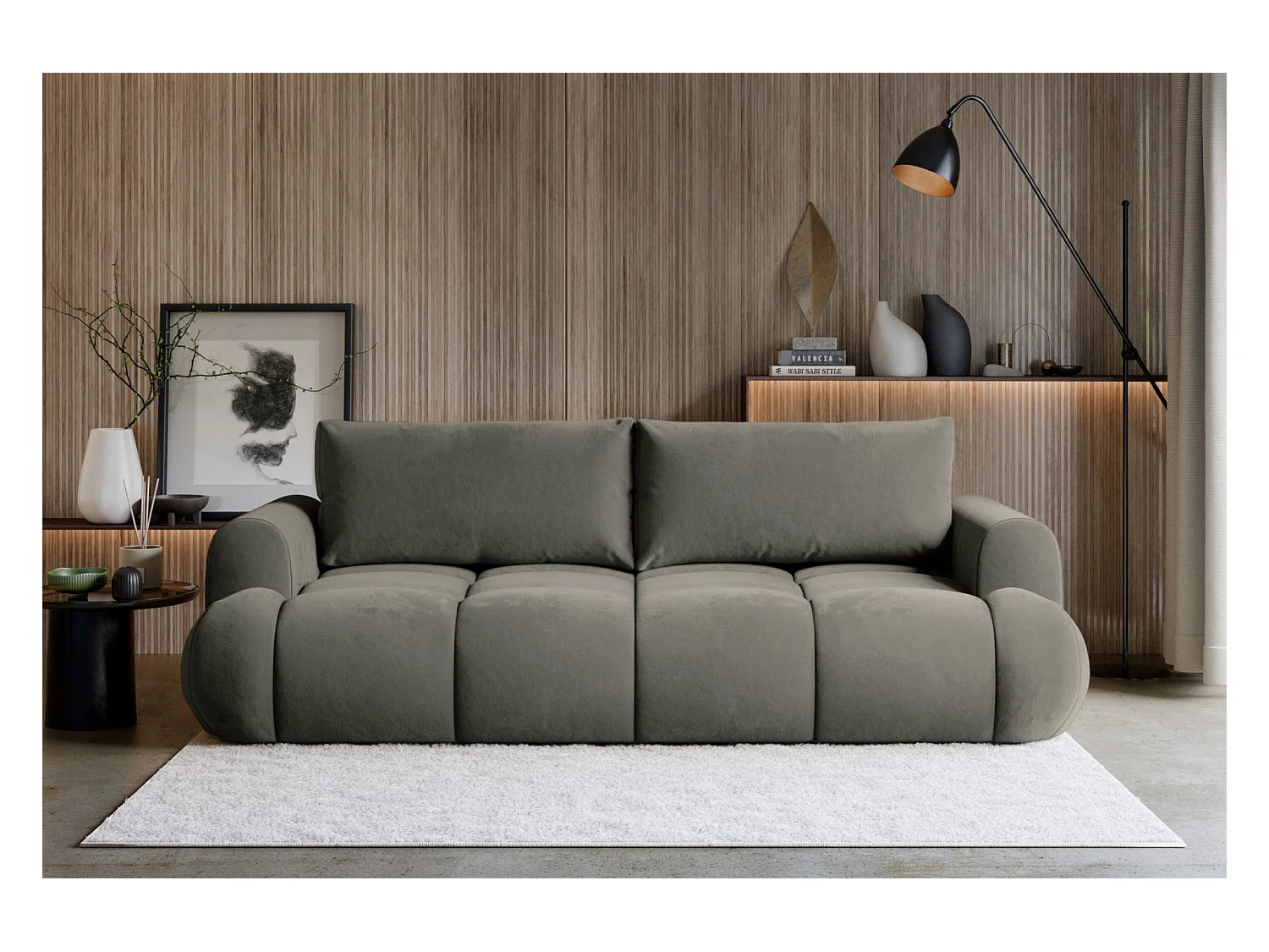 Canapé convertible 3 places – coffre de rangement – tissu velours hydrophobe – Beige foncé – OMBO DOCE