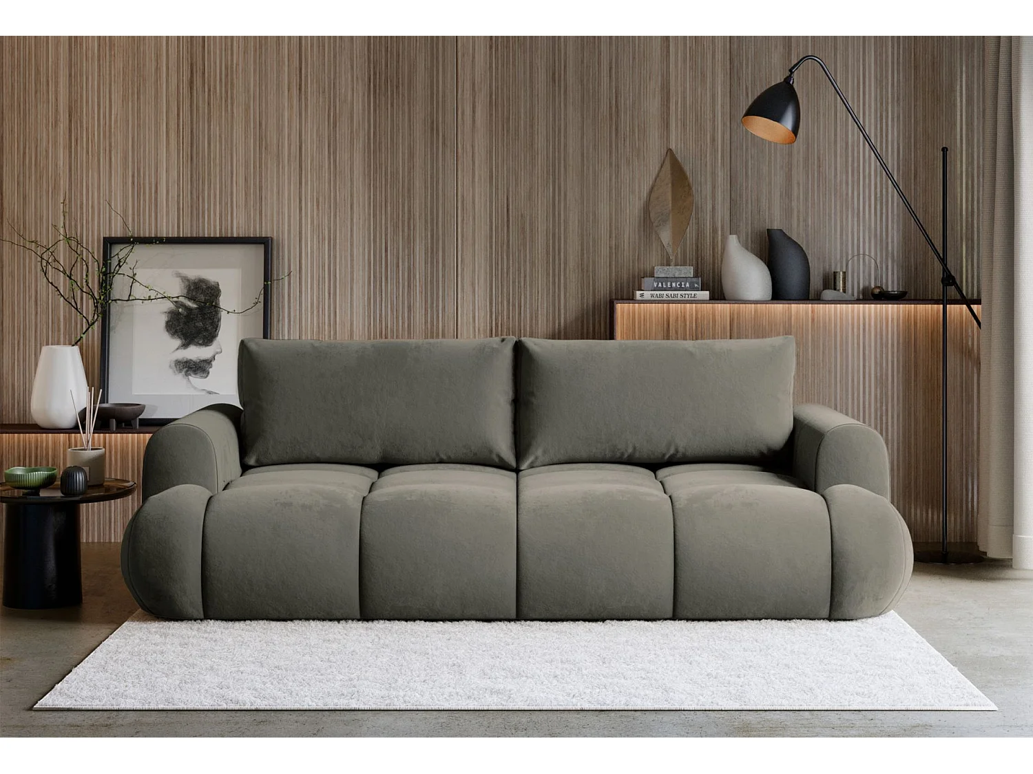 3-Sitzer Schlafsofa – Stauraum – hydrophober Samtbezug – Dunkelbeige – OMBO DOCE