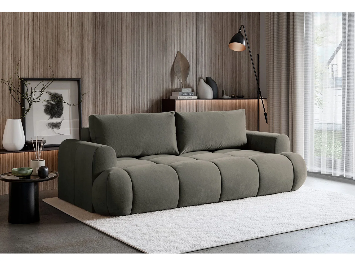 3-Sitzer Schlafsofa – Stauraum – hydrophober Samtbezug – Dunkelbeige – OMBO DOCE