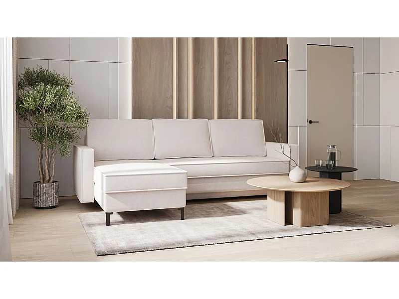 Canapé d’angle en chenille – convertible avec 2 coffres – crème – réversible – TEILORE