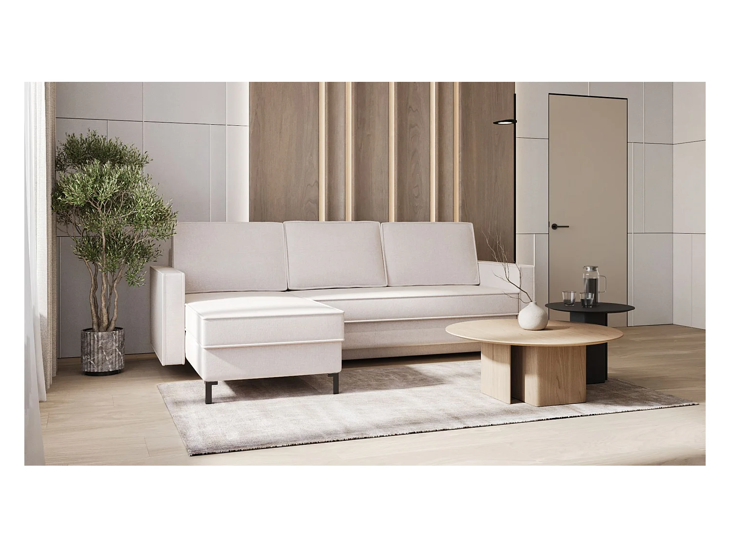 Ecksofa mit Chenillebezug – Schlaffunktion und 2 Bettkästen – Creme – beidseitig – TEILORE