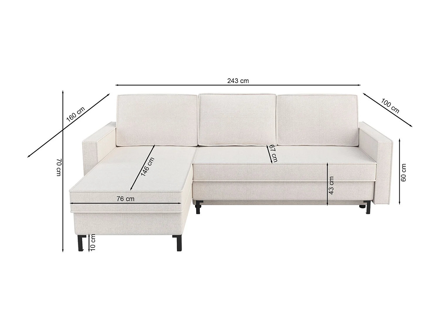 Canapé d’angle en chenille – convertible avec 2 coffres – crème – réversible – TEILORE
