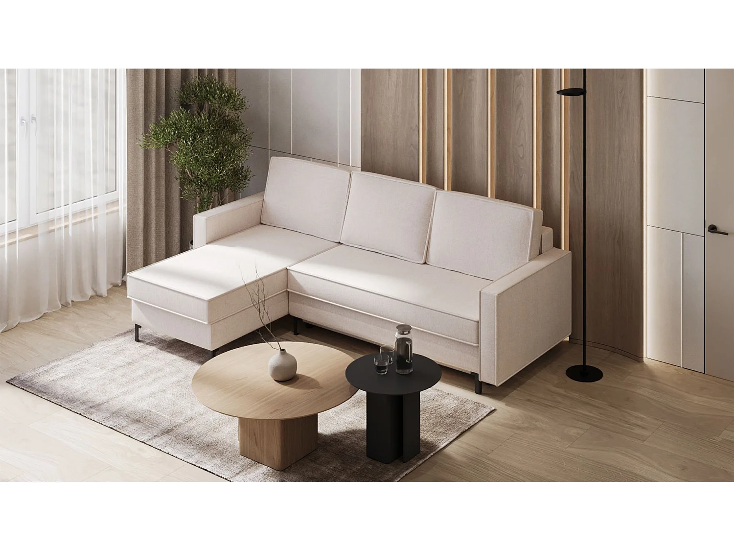 Canapé d’angle en chenille – convertible avec 2 coffres – crème – réversible – TEILORE