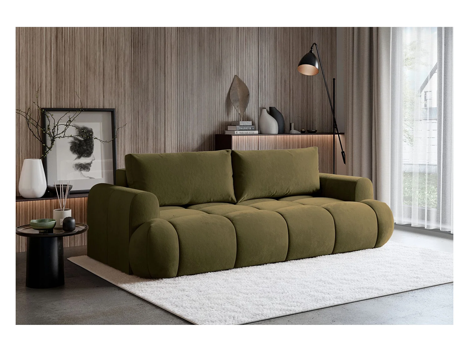 Canapé convertible 3 places – coffre de rangement – tissu velours hydrophobe – Vert olive – OMBO DOCE