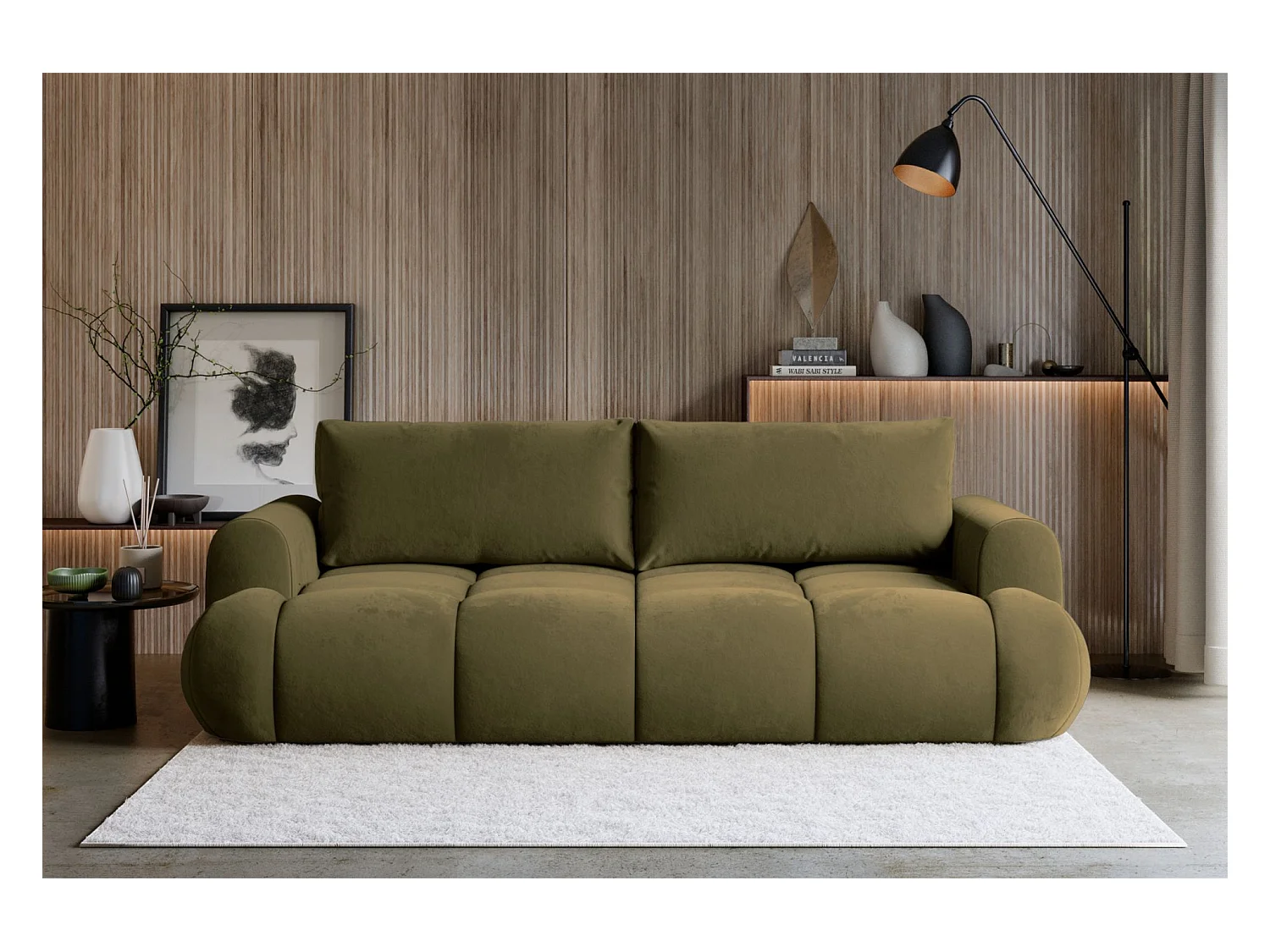 3-Sitzer Schlafsofa – Stauraum – hydrophober Samtbezug – Olivgrün – OMBO DOCE
